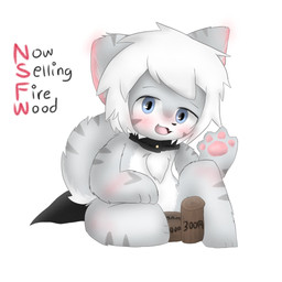 4_fingers ambiguous_gender anthro blue_eyes blush blush_lines cape clothing fingers fur gesture grey_body grey_fur hair humor log multicolored_body multicolored_fur open_mouth pawpads paws pink_inner_ear price_tag simple_background sitting solo striped_body stripes text waving waving_at_viewer white_background white_body white_fur white_hair wood tringa chano_(character) canid canine canis mammal wolf 1:1 english_text hi_res