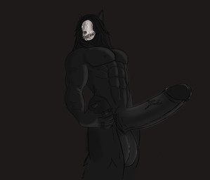 anthro big_penis black_body black_fur bone fur genitals huge_penis humanoid_genitalia humanoid_penis hyper hyper_genitalia hyper_penis male muscular muscular_anthro muscular_male penis skull solo white_eyes fenrir_osbone scp_foundation scp-1471-a canid canine ghost malo mammal monster spirit hi_res