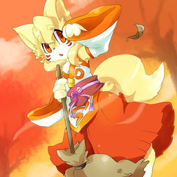 abstract_background anthro asian_clothing autumn biped black_nose bottomwear broom cleaning_tool clothing cloud east_asian_clothing facial_markings female hakama head_markings japanese_clothing kemono leaf markings plant red_bottomwear red_clothing red_eyes red_hakama simple_background skirt solo standing tail tree wind powderkona canid canine fox mammal 1:1