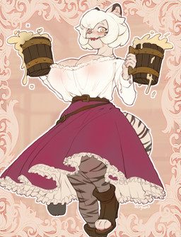 4_toes 5_fingers anthro barmaid big_breasts biped black_stripes blouse blush bottomwear breasts brown_clothing brown_footwear clothing container digitigrade digitigrade_footwear feet female female_anthro fingers footwear fur furgonomic_footwear furgonomics hair holding_container holding_object looking_at_viewer low-angle_view markings monotone_hair open_mouth outline pupils short_hair skirt slit_pupils solo striped_body striped_fur striped_markings striped_tail stripes tail tail_markings tankard toes topwear white_hair white_outline yellow_eyes zeighous mewel felid mammal pantherine tiger 2025 digital_media_(artwork) hi_res signature