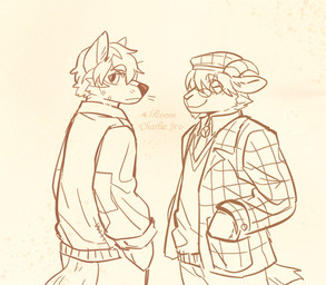 anthro cheek_tuft closed_smile clothed clothing duo eyes_closed eyewear facial_tuft glasses hand_in_pocket happy horn jacket male mouth_closed necktie pockets round_glasses simple_background smile three-quarter_view topwear tuft unsigned whiskers asnnonaka charlie_jr._(asnnonaka) lim_(asnnonaka) bovid canid canine canis caprine goat mammal wolf hi_res sketch