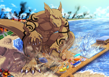 4_toes 5_fingers abs amusement_ride anthro arm_tattoo balls beach biceps biped brown_body building building_destruction city city_background city_crushing city_destruction cityscape claws crouching destruction detailed_background erection extreme_size_difference feet ferris_wheel finger_claws fingers footprint foreskin genitals group house humanoid_genitalia humanoid_penis macro macro_anthro macro_male male muscular muscular_anthro muscular_male nude open_mouth outside pawprint paws pecs penile penis rampage red_eyes roller_coaster sand sea seaside size_difference sky smashing smile solo_focus stick_figure stomping tail tattoo toe_claws toes water tatugon mythology tephros dragon mythological_creature mythological_scalie scalie hi_res