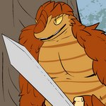 1:1 2014 anthro clothed clothing digital_media_(artwork) kobold lagotrope lizard male melee_weapon mountain_kobold muscular orange_body orange_scales outline pupils reptile scales scalie slit_pupils solo standing story story_at_source story_in_description sword tgchan topless weapon