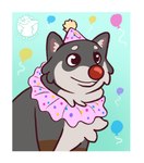 border clothing clown clown_costume feral hat headgear headwear red_nose ruffled_collar solo white_border luckfoxo33 canid canine canis domestic_dog mammal shiba_inu spitz hi_res meme