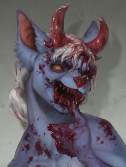 ambiguous_anthro ambiguous_gender anthro blood blood_covered blood_in_mouth blood_on_face blood_on_hand blood_splatter blue_body bodily_fluids finger_fetish finger_lick finger_play fingers gore green_background hair horn licking licking_blood licking_own_finger looking_at_viewer open_mouth realistic_shading red_horn red_sclera sharp_teeth simple_background solo teeth tongue tongue_out white_hair yellow_eyes atsuris bat mammal hi_res