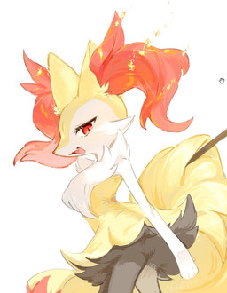 ambiguous_anthro ambiguous_gender anthro art_program_in_frame biped cute_fangs dutch_angle fangs looking_at_viewer low-angle_view object_in_tail open_:3 open_mouth open_smile side_view simple_background smile solo standing stick stick_in_tail tail teeth tongue mr14-c nintendo pokemon braixen canid generation_6_pokemon mammal pokemon_(species) 2026 digital_drawing_(artwork) digital_media_(artwork) hi_res