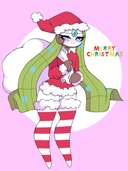 bag blue_eyes clothing costume female green_hair hair legwear santa_costume solo text thigh_highs missqueenshi nintendo pokemon tahla_zhwane generation_5_pokemon humanoid legendary_pokemon meloetta meloetta_(aria_form) pokemon_(species) 3:4 english_text