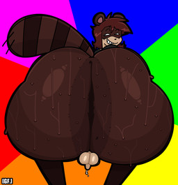 anthro balls big_butt black_nose bodily_fluids bottom_heavy bottomless bottomless_anthro bottomless_male brown_body brown_fur brown_hair bubble_butt butt butt_focus clothed clothing eyebrows femboy fur genital_fluids genitals glistening glistening_butt hair head_turned huge_butt humanoid_genitalia humanoid_penis looking_back male male_anthro markings penis precum rear_view round_ears shirt simple_background small_balls small_penis smile smirk solo striped_markings striped_tail stripes sweat sweaty_butt tail tail_markings tan_body tan_fur teeth thick_thighs topwear ghostfuckrr panna_cotta_(ghostfuckrr) canid canine mammal raccoon_dog tanuki 2026 absurd_res colored digital_drawing_(artwork) digital_media_(artwork) hi_res