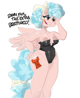 aged_up anthro areola blue_hair blue_tail breasts clothed clothing cutie_mark dialogue female fingers hair inverted_nipples nipple_slip nipples open_mouth orange_eyes pink_body simple_background solo tail teeth text thick_thighs tongue white_background wings flutterthrash friendship_is_magic hasbro my_little_pony mythology cozy_glow_(mlp) equid equine mammal mythological_creature mythological_equine pegasus 2026 absurd_res english_text hi_res