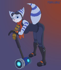 anthro big_breasts big_tail blue_body blue_eyes blue_fur boots breasts butt clothed clothing cybernetic_arm cybernetic_limb ear_piercing ear_ring eyewear eyewear_on_head female footwear fur gloves goggles goggles_on_head hair hammer handwear looking_at_viewer one_eye_closed piercing ring_piercing scarf shoes solo striped_body striped_fur stripes tail technology tight_clothing tools white_body white_fur white_hair wink torgore ratchet_and_clank sony_corporation sony_interactive_entertainment rivet_(ratchet_and_clank) lombax mammal absurd_res hi_res