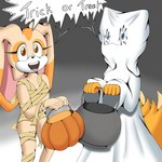 anthro blue_eyes brown_eyes cauldron clothing costume duo female food fruit fur ghost_costume halloween_costume holding_object holidays male mummy_costume mummy_wrappings orange_body orange_fur plant pumpkin tan_body tan_fur trick-or-treating young young_anthro foxkai halloween sega sonic_the_hedgehog_(series) cream_the_rabbit miles_prower canid canine fox lagomorph leporid mammal rabbit 1:1 hi_res