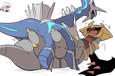 6_legs armor black_sclera black_wings blue_body blush bodily_fluids clothing dominant dominant_female female female/female fin genital_fluids grey_body group headgear headwear heart_symbol pink_body red_eyes spikes striped_body stripes sweat tail trio vaginal_fluids wings gngmrkas kkkkkkasgai mythology nintendo pokemon altered_forme_giratina dialga dragon generation_4_pokemon giratina legendary_pokemon mythological_creature mythological_scalie palkia pokemon_(species) scalie 3:2