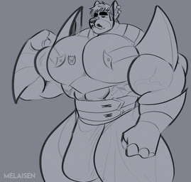 anthro armor barazoku belt big_bulge big_muscles big_pecs bulge clothed clothed_anthro clothed_male clothing ear_piercing eyebrows flexing flexing_bicep hair huge_bulge huge_muscles huge_pecs light_smile male mouth_closed muscular pecs piercing solo standing text melaisen hero's_heart kurt_(hero's_heart) canid canine canis domestic_dog mammal 2023 absurd_res artist_name digital_drawing_(artwork) digital_media_(artwork) english_description greyscale hi_res monochrome