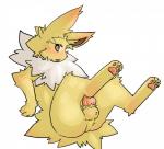 animal_genitalia animal_penis balls blush canine_genitalia canine_penis erection feral fur genitals knot looking_at_viewer male nude open_mouth pawpads paws penis simple_background solo kosian nintendo pokemon canid canine eeveelution generation_1_pokemon jolteon mammal pokemon_(species)