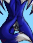 absurd_res anthro balls blue_body blue_fur butt butt_focus canid canine dragon fox fur genitals hermesdidit hi_res hybrid male mammal muscular muscular_anthro muscular_male mythological_creature mythological_scalie mythology rear_view scalie simple_background sketch solo tail wings