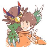 3_fingers ambiguous_gender anthro beak brown_body brown_feathers brown_hair duo feathers fingers gesture green_eyes grin hair hand_gesture male simple_background smile v_sign white_background slmy1022 bandai_namco digimon digimon_survive falcomon_(survive) minoru_hyuga digimon_(species) falcomon human mammal 1:1