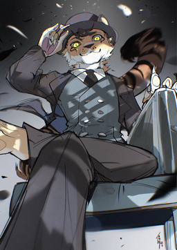 5_fingers anthro barefoot biped black_bottomwear black_clothing black_hair black_markings black_necktie black_pants black_stripes black_suit blue_clothing blue_hat blue_headwear blue_suit blue_topwear blue_vest bottomwear bowler_hat chair classy claws closed_smile clothed clothed_anthro clothed_male clothing collared_shirt countershade_face countershade_feet countershade_fur countershade_hands countershade_neck countershade_tail countershading crossed_legs dress_shirt eye_markings feet finger_claws fingerpads fingers foreshortening front_view fully_clothed fully_clothed_anthro fully_clothed_male fur furgonomic_hat furgonomic_headwear furgonomics furniture gradient_background grey_background hair hat headgear headwear holding_clothing holding_hat holding_headgear holding_headwear holding_object looking_at_viewer low-angle_view male markings mouth_closed multicolored_body multicolored_fur necktie on_chair open_clothing open_suit open_topwear pants pattern_clothing pattern_topwear pattern_vest pawpads pink_pawpads pupils ringed_iris shirt simple_background sitting sitting_on_chair smile smiling_at_viewer solo striped_clothing striped_markings striped_tail striped_topwear striped_vest stripes suit suitcase tail tail_markings tan_body tan_fur topwear two_tone_body two_tone_fur vest whisker_spots white_body white_claws white_clothing white_countershading white_dress_shirt white_fur white_sclera white_shirt white_topwear wind yellow_eyes yellow_pupils chiayeeee felid mammal pantherine tiger 2025 chromatic_aberration digital_drawing_(artwork) digital_media_(artwork) hi_res portrait three-quarter_portrait