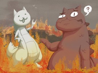 2_fingers :3 ambiguous_gender back_spines biped bipedal_feral confusion dot_eyes duo eyebrows feral fingers fire flying gesture hand_gesture happy hellscape jagged_mouth long_body looking_at_another looking_at_viewer open_mouth open_smile pointing pointing_at_another pose pupils question_mark red_body red_scales scales semi-anthro short_arms short_legs simple_eyes slit_pupils smile tail tail_spines thick_tail waving_at_another white_body white_sclera potionion mewgenics mythology ponos_corp. the_battle_cats background_character bird_cat_(the_battle_cats) dragon_cat_(the_battle_cats) pyrophina_(mewgenics) avian bird dinosaur domestic_cat dragon felid feline felis hybrid kaiju mammal mythological_creature mythological_scalie prehistoric_species reptile scalie 2026 colored crossover digital_drawing_(artwork) digital_media_(artwork) full-length_portrait hi_res portrait shaded three-quarter_portrait female_(lore)