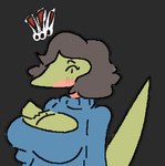 alpha_channel anne_frank_(snoot_game) anthro black_hair blush breasts cavemanon_studios cleavage cleavage_cutout clothed clothing cutout dinosaur female green_body hair low_res multicolored_body prehistoric_species reptile scalie snoot_game solo two_tone_body unclefruit