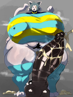 anthro areola_outline balls big_balls big_breasts big_penis black_eyes black_hair bodily_fluids bottomless breasts clothed clothing cum cum_on_face cum_on_ground cumshot duo ejaculation erection female genital_fluids genitals grey_hair hair huge_balls huge_breasts huge_hips huge_penis huge_thighs hyper hyper_balls hyper_breasts hyper_genitalia hyper_hips hyper_penis hyper_thighs legwear looking_at_viewer male male/female nipple_outline open_mouth penis pubes shirt thick_thighs thigh_highs topwear vulva white_body wide_hips adawndraws undertale undertale_(series) bob_(undertale) temmie_(undertale) mammal tem 3:4 absurd_res hi_res