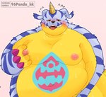 anthro belly big_belly blush bodily_fluids kemono male moobs nipples obese open_mouth overweight overweight_male simple_background solo sweat yellow_body 96panda bandai_namco digimon digimon_(species) gabumon 2024 hi_res