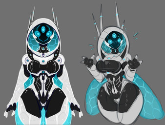 3_eyes 3_fingers antennae_(anatomy) armor_plates biped bodily_fluids breasts female fingers grey_background honeycomb_(pattern) hood insect_wings looking_at_viewer machine multi_eye simple_background small_breasts small_waist solo standing sweat sweatdrop thick_thighs wide_hipped_female wide_hips wings monty_smug bungie destiny_(series) destiny_(video_game) exo hive_(destiny) humanoid robot robot_humanoid 2025 multiple_images