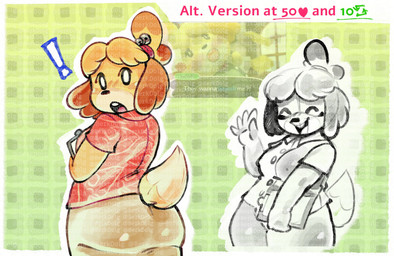 anthro big_butt black_nose bottomwear breasts butt clothed clothing dipstick_ears ear_markings exclamation_point eyelashes female floppy_ears fur green_background looking_at_viewer looking_back looking_back_at_viewer lop_ears markings multicolored_ears open_mouth pattern_background pattern_clothing pattern_topwear pink_clothing pink_topwear rear_view simple_background skirt solo tan_body tan_bottomwear tan_clothing tan_fur tan_skirt topwear white_eyes wide_hips yellow_body yellow_fur berkdolg animal_crossing nintendo isabelle_(animal_crossing) canid canine canis domestic_dog mammal shih_tzu toy_dog hi_res