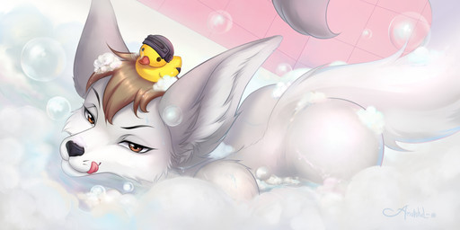 anthro bath bathing bathroom brown_eyes brown_hair bubble butt convenient_censorship detailed_background foam fur grey_body grey_fur hair looking_at_viewer male nude partially_submerged rubber_duck rubber_duck_on_head smile solo tongue tongue_out toy water wet amarihel canid canine fox mammal 2:1 digital_media_(artwork) hi_res