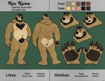 angry anthro beard big_feet black_body black_fur black_hair blush brown_body brown_fur butt claws facial_hair feet fur hair male muscular muscular_male navel neck_tuft nude pawpads paws short_hair short_tail slightly_chubby smile solo tail text tuft yellow_eyes conditional_dnp pawsta kou_kuma bear brown_bear grizzly_bear mammal ursine absurd_res english_text hi_res model_sheet