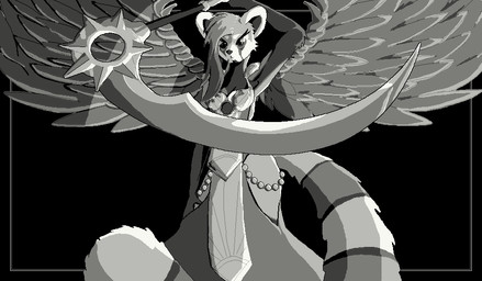 accessory anthro arm_above_head armor bangs big_ears black_background black_body black_border border breasts cleavage_cutout clothed clothing coin cosplay cutout eye_markings eyelashes facial_markings fantasy fantasy_weapon feathered_wings feathers female front_view hair hand_on_leg head_markings hip_chain holding_object holding_weapon looking_at_viewer looking_down looking_down_at_viewer markings melee_weapon multicolored_body multicolored_face multicolored_hair multicolored_tail orzhov pauldron polearm ravnica ring_(marking) ringed_tail scythe side_bangs simple_background spread_wings standing striped_markings striped_tail stripes tail tail_markings thick_thighs weapon wings lumina_rose hasbro magic:_the_gathering wizards_of_the_coast juniper_(lumina_rose) ailurid angel mammal red_panda aseprite_(artwork) black_and_white digital_media_(artwork) dithering full-length_portrait hi_res monochrome portrait