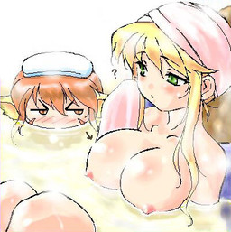 bath bathing bent_legs big_breasts blush breast_envy breasts duo envy female female/female head_out_of_water human_focus knees_out_of_water knock-kneed legs_out_of_water legs_together nipples not_furry_focus object_on_head partially_submerged submerged_legs towel towel_on_head water dr.p breath_of_fire capcom katt_(breath_of_fire) nina_(breath_of_fire) animal_humanoid human humanoid mammal digital_media_(artwork) low_res oekaki