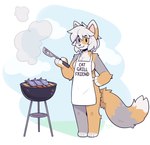 anthro apron apron_only arcanis_(hahaluckyme) breasts calico_cat clothing cooking digital_media_(artwork) domestic_cat dot_eyes english_text felid feline felis female fleurfurr fur grey_body grey_fur grill hi_res looking_at_viewer mammal side_boob smile smoke solo standing text text_on_apron text_on_clothing watermark white_body white_fur yellow_body yellow_fur