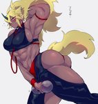 abs big_breasts big_butt blonde_hair blush bodily_fluids breasts butt dumbbell female hair muscular muscular_female muscular_humanoid pose solo sweat weights gram_quartz animal_humanoid equid equid_humanoid humanoid mammal mammal_humanoid unicorn_humanoid hi_res