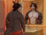 abs altered_reflection anthro bathroom biceps black_hair bouncing_pecs clothed clothing countershade_torso countershading daydream faucet front_view fur grey_body grey_fur hair inside looking_at_mirror looking_at_object male mirror multicolored_body multicolored_fur muscular muscular_anthro muscular_male navel nipples overweight overweight_anthro overweight_male parody pecs rear_view reflection sink slightly_chubby smile solo standing teeth underwear white_body white_countershading white_fur totesfleisch8 kasper_(totesfleisch8) kangaroo macropod mammal marsupial 2019 2d_animation animated digital_media_(artwork) loop motion_tweening short_playtime signature