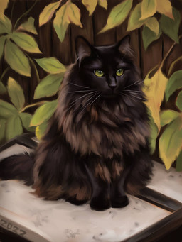 ambiguous_gender black_body black_fur black_nose fence feral fluffy fur green_eyes leaf long_fur quadruped sitting solo whiskers wood wood_fence alexpahomov domestic_cat felid feline felis mammal norwegian_forest_cat 2022 3:4
