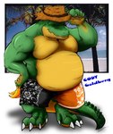 anthro banana belly big_belly clothing food fruit hat headgear headwear male overweight overweight_anthro overweight_male plant smile solo straw_hat swimming_trunks swimwear tropical timberwolfmax cody_goldberg alligator alligatorid crocodile crocodilian reptile scalie