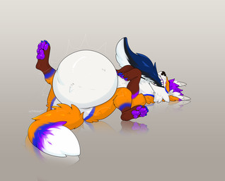 belly blue_claws blue_tail claws duo feral fur hair male male/male orange_body orange_fur purple_hair stripes tail vore white_belly cmitchell canid canine canis fox mammal wolf absurd_res hi_res