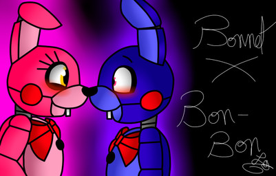 anthro black_background black_nose blue_body blue_fur blush bow_(feature) bow_tie buckteeth duo eye_contact eyelashes female fur happy looking_at_another machine male multicolored_body multicolored_fur pink_body pink_eyes pink_fur puppet simple_background smile surprised teeth two_tone_body two_tone_fur yellow_eyes dashiathebunny five_nights_at_freddy's scottgames sister_location bonnet_(fnafsl) puppet_bonnie_(fnafsl) animatronic lagomorph leporid mammal rabbit robot 2016 signature