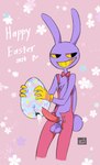 anthro balls bodily_fluids bow_tie clothed clothing cotton_tail cum cum_drip cum_inside dripping easter_egg egg erection flower genital_fluids genitals gloves handwear holidays male open_clothing painted_egg partially_clothed penis pink_background plant simple_background solo yellow_eyes spec_almond_(artist) easter glitch_productions the_amazing_digital_circus jax_(tadc) lagomorph leporid mammal rabbit digital_media_(artwork) hi_res