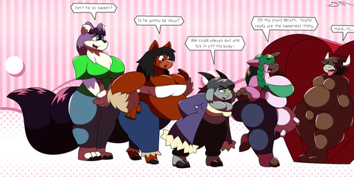 anthro bdsm big_breasts bondage bound breasts bulge candy chocolate cleavage clothed clothing dessert encasement female food green_clothing green_shirt green_topwear harem huge_breasts jacket male overweight overweight_anthro overweight_female overweight_male purple_clothing purple_jacket purple_topwear shirt teats topwear tube_top udders white_clothing white_topwear dirtymac bovid bovine caprine cattle equid equine goat horse hybrid mammal absurd_res hi_res