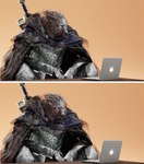 anthro armor computer electronics laptop looking_at_viewer male melee_weapon purple_eyes scar solo sword weapon layzuhcatz elden_ring fromsoftware blaidd_(elden_ring) canid canine canis human mammal wolf 2022 3d_(artwork) blender_(artwork) digital_media_(artwork) hi_res meme