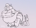 4_fingers ambiguous_gender anthro belly big_belly breasts clothed clothing crush duo female fingers grass_skirt larger_female navel obese obese_anthro obese_female overweight overweight_anthro overweight_female pawpads simple_background size_difference smaller_ambiguous smile plushclover clover_bearclaw bear lagomorph leporid mammal rabbit 2020 2d_animation animated loop short_playtime signature