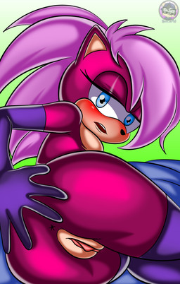 anthro anus armwear bed bed_sheet bedding blue_eyes blush breasts butt clothing female fur furniture genitals gloves hair half-closed_eyes handwear legwear looking_at_viewer looking_pleasured narrowed_eyes on_bed open_mouth pink_hair presenting presenting_hindquarters purple_body purple_fur solo spread_butt spreading vulva sirjzau dic_entertainment sega sonic_the_hedgehog_(series) sonic_underground sonia_the_hedgehog eulipotyphlan european_hedgehog hedgehog mammal absurd_res hi_res
