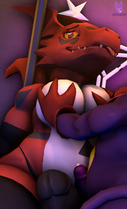 anthro big_chest bodily_fluids bulge clothing duo erection fangs genital_fluids hand_on_chest looking_at_viewer male male/male moobs pole precum stripper_pole teeth thong tongue tongue_out underwear qualske98 bandai_namco digimon digimon_(species) guilmon impmon reptile scalie 3d_(artwork) absurd_res digital_media_(artwork) hi_res