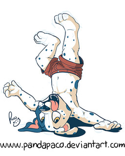 anthro bottomwear clothed clothing facial_spots fur glistening glistening_eyes logo male open_mouth pants pink_inner_ear pink_tongue red_bottomwear red_clothing red_pants solo spotted_arms spotted_face spotted_legs text tongue tongue_out topless upside_down white_body white_fur yellow_eyes young young_anthro young_male pandapaco canid canine canis dalmatian domestic_dog mammal 2015 artist_logo signature url