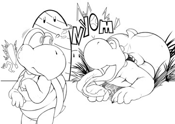 anthro bodily_fluids butt duo imminent_vore interrobang male male/male saliva sweat tongue tongue_out caiem mario_bros nintendo koopa koopa_troopa scalie yoshi absurd_res hi_res monochrome