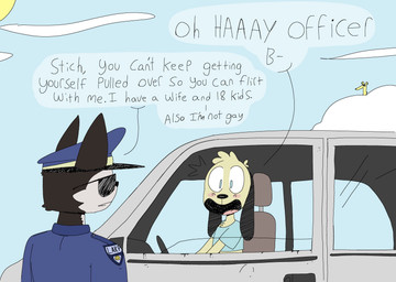 anthro black_body black_ears black_eyewear black_fur black_nose black_sunglasses blue_clothing blue_crop_top blue_eyes blue_hat blue_headwear blue_shirt blue_topwear blush blush_lines car chest_tuft clothing cloud crop_top dialogue duo eyewear floppy_ears fur grey_car happy hat head_tuft headgear headwear inside_car inside_vehicle looking_at_another male multicolored_body multicolored_fur open_mouth open_smile police police_hat police_officer police_uniform pulled_over shirt sitting sitting_in_car sky smile smiley_face speech_bubble standing sun sunglasses tan_body tan_fur text topwear tuft uniform uniformed_male vehicle white_body white_fur agusta stich_(agusta) canid canine canis domestic_cat domestic_dog felid feline felis mammal 2025 absurd_res comic english_text hi_res meme one_panel_comic