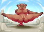 2023 3_toes absurd_res anthro anus areola big_breasts biped breasts brown_anus brown_areola brown_body brown_fur brown_nipples capybara caviid cloud day detailed_background digital_media_(artwork) eyes_closed eyewear eyewear_only feet female flexible fur genitals glasses glasses_only handstand hi_res innie_pussy loimu mammal naked_yoga nipples nude on_one_hand outside plump_labia puffy_nipples pussy rock rodent sky solo splits spread_legs spreading toes wearing_glasses yoga