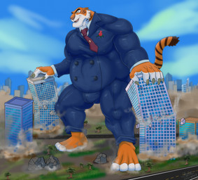 accessory alternate_costume anthro belly belly_tuft body_hair building building_destruction bulge city city_destruction clothed clothing destruction fully_clothed fur macro male musclegut muscular muscular_arms muscular_legs muscular_male necktie official_alternate_costume orange_body orange_fur pecs solo striped_body striped_fur stripes suit tail tuft white_body white_fur yellow_sclera jabuhusky disney talespin the_jungle_book shere_khan felid mammal pantherine tiger hi_res