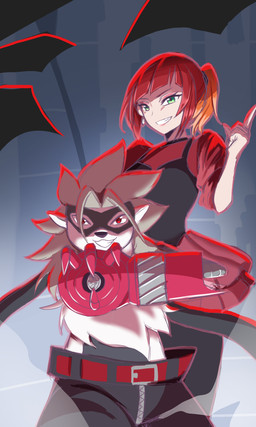 anthro belt bottomwear clothing cybernetics dress duo female fur grey_body grey_fur hair machine mask mechanical_arm pants red_hair smile smirk doodledigi bandai_namco digimon digimon_beatbreak reina_sakuya cyborg digimon_(species) human mammal wolvermon 3:5 absurd_res hi_res